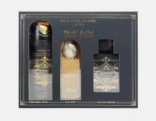 Lattafa Bade’e Al Oud 3pc Set: 3.4oz EDP Spray + 1.7oz Hair Mist + 6.7oz Body