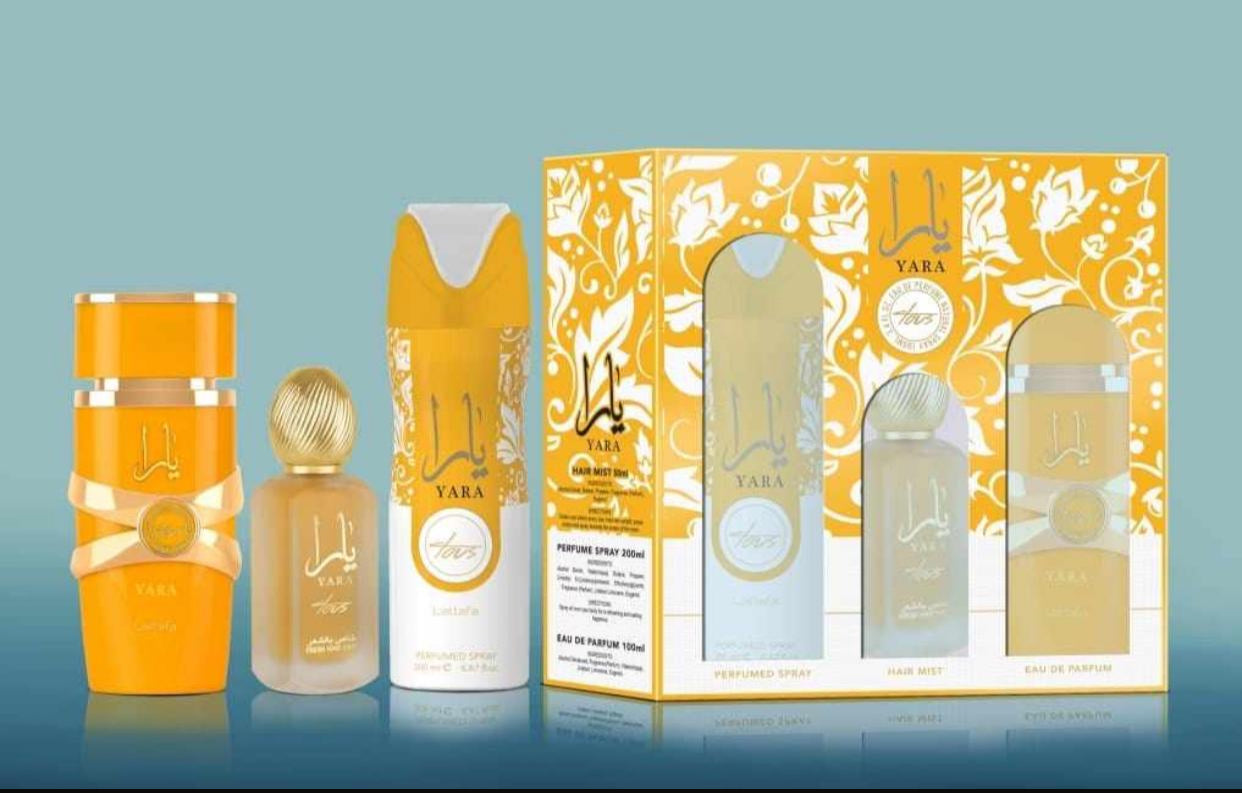 YARA Tous Lattafa  Gift Set 100 Ml EDP + 50 ML Hair Mist + 200 ML Body Spray