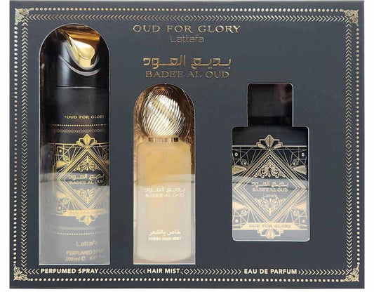 Badee al oud  Lattafa  Gift Set 100 Ml EDP + 50 ML Hair Mist + 200 ML Body Spray